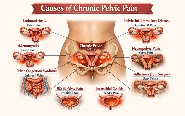 Chronic pelvic pain causes including endometriosis, pelvic infection and pelvic floor dysfunction