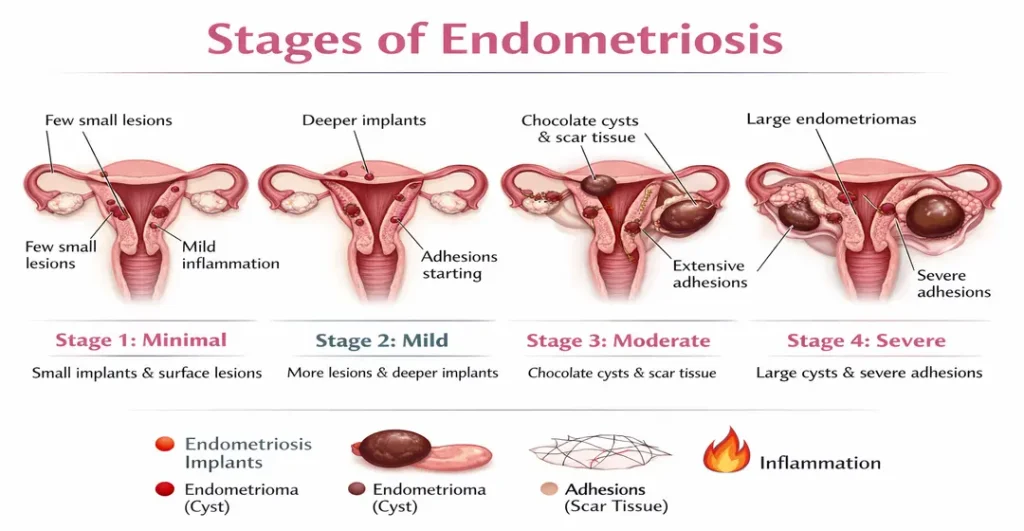 Four stages of endometriosis, from minimal superficial lesions (Stage I) to severe deep infiltrating adhesions (Stage IV)